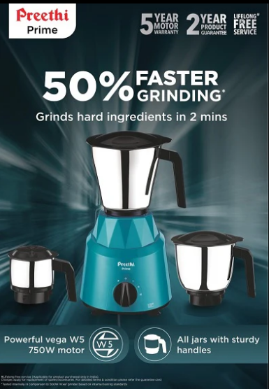 Preethi Prime MG-286 750W Mixer Grinder – 3 Stainless Steel Jars & ABS Body for Modern Kitchens - Image 2