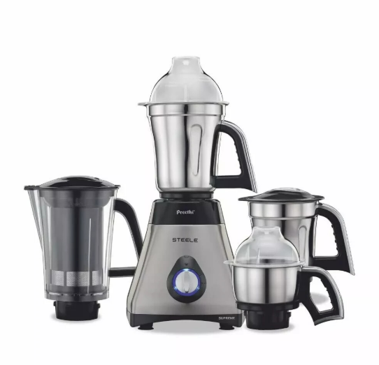 Preethi Steel Supreme MG‑208 750 W Mixer Grinder (Silver–Black) – 4 Stainless‑Steel Jars with Super Extractor & Vega W5 Motor