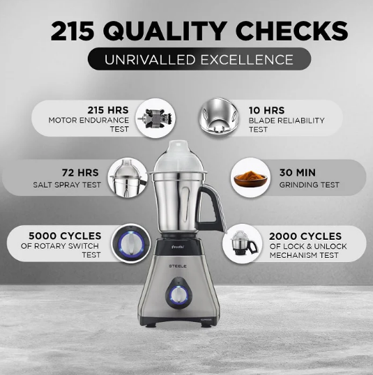 Preethi Steel Supreme MG‑208 750 W Mixer Grinder (Silver–Black) – 4 Stainless‑Steel Jars with Super Extractor & Vega W5 Motor - Image 3