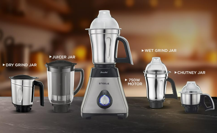 Preethi Steel Supreme MG‑208 750 W Mixer Grinder (Silver–Black) – 4 Stainless‑Steel Jars with Super Extractor & Vega W5 Motor - Image 4