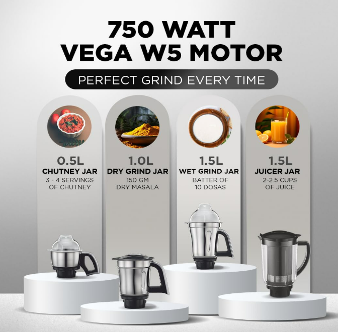 Preethi Steel Supreme MG‑208 750 W Mixer Grinder (Silver–Black) – 4 Stainless‑Steel Jars with Super Extractor & Vega W5 Motor - Image 2