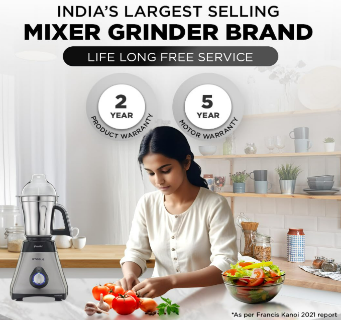 Preethi Steel Supreme MG‑208 750 W Mixer Grinder (Silver–Black) – 4 Stainless‑Steel Jars with Super Extractor & Vega W5 Motor - Image 6