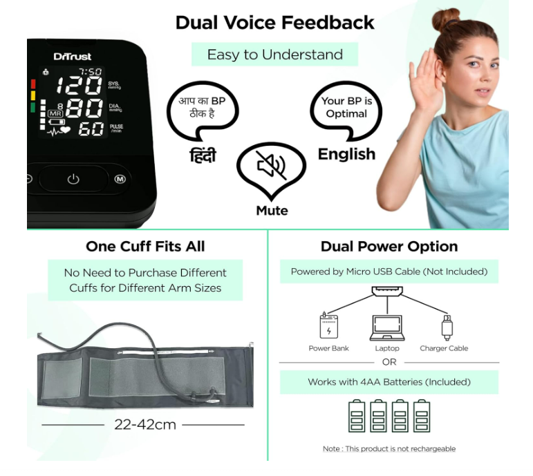 Dr Trust Smart Automatic Digital Blood Pressure Monitor – Dual Talking (Hindi/English), USB & Battery, Extra‑Wide Cuff - Image 3