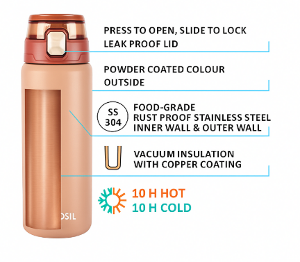 Borosil Aquasport 600ML Vacuum Insulated Stainless Steel Bottle – Leak-Proof, Peach Color, Hot & Cold Flask - Image 2