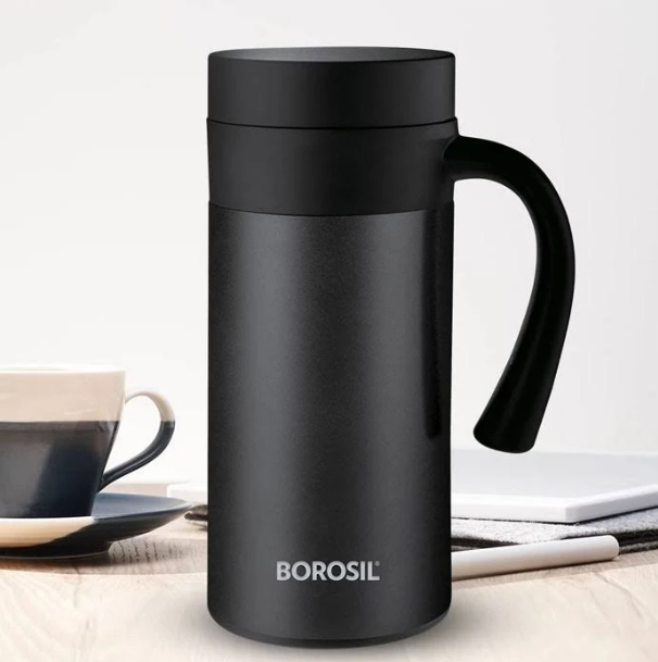 Borosil Cafetime 400ml Vacuum Insulated Travel Mug – Leak-Proof, Stainless Steel, Black
