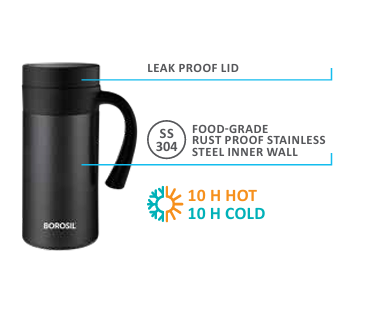 Borosil Cafetime 400ml Vacuum Insulated Travel Mug – Leak-Proof, Stainless Steel, Black - Image 2