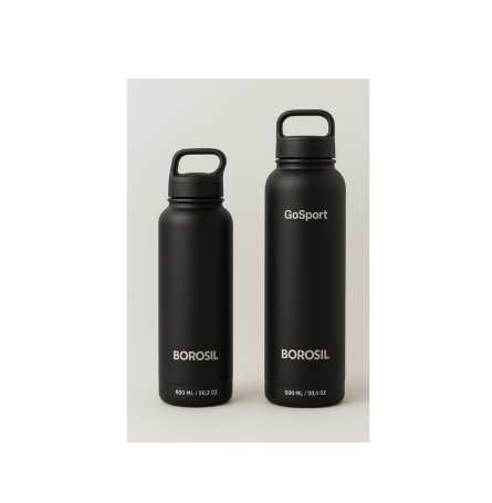 Borosil GoSport Black Vacuum Insulated Bottle – 600ML & 900ML | 18H Cold | Copper Coated | Stainless Steel