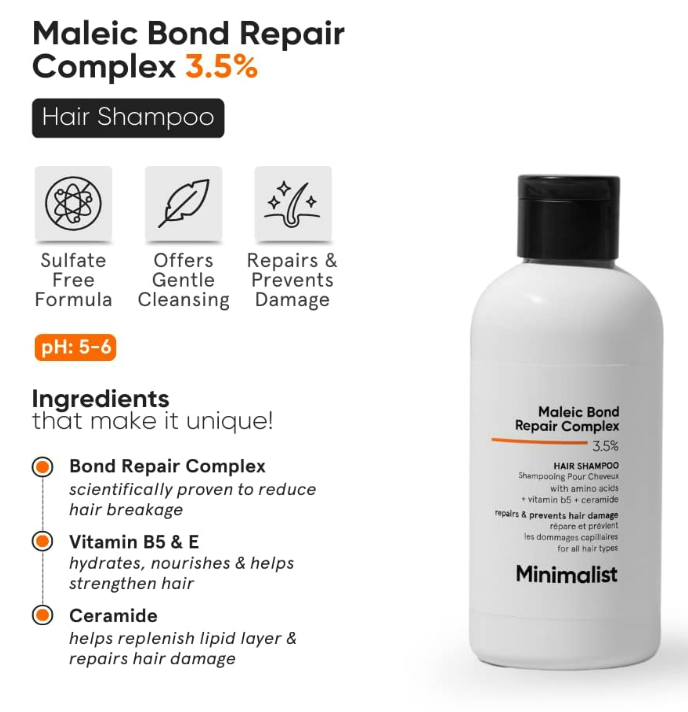 Minimalist Maleic Bond Repair Complex Shampoo – 3.5% Maleic Acid + Ceramide & Coconut Oil (250 ml) - Image 3