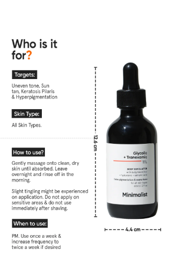 Minimalist 11% Glycolic + Tranexamic Acid Body Exfoliator – Brightening AHA/BHA Serum (60 ml) - Image 3