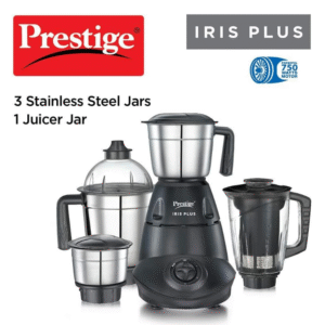 Prestige Iris Plus 750 W Mixer Grinder with 4 Jars (3 Stainless Steel + 1 Juicer Jar), 4 Super‐Efficient Stainless Blades, 2‑Year Warranty