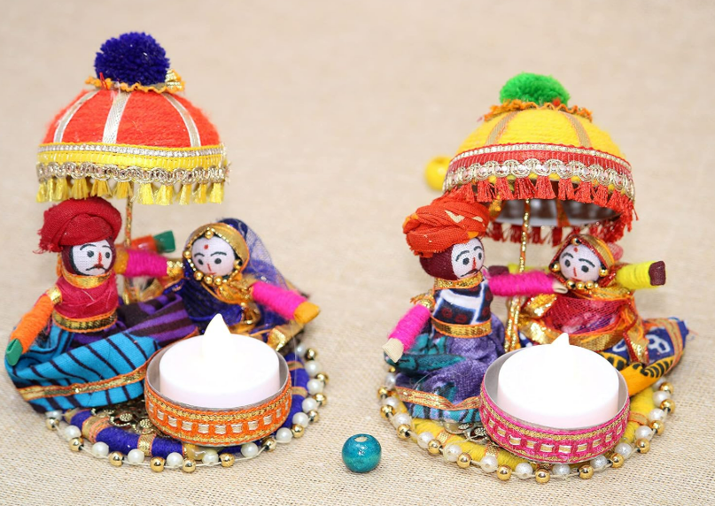 JH Gallery Rajasthani Puppet Tealight Candle Holder – Multicolor, Set of 2