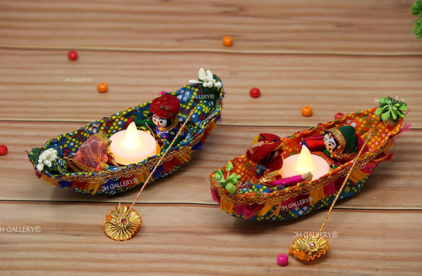 JH Gallery Rajasthani Dolls – Handcrafted Multicolor Puppet Couple (Boat / Tealight Style)