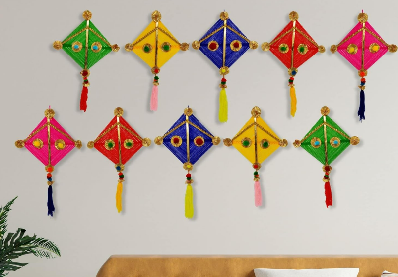 JH Gallery Handmade Woolen Kite Hanging Decor – Multicolour Pack of 10
